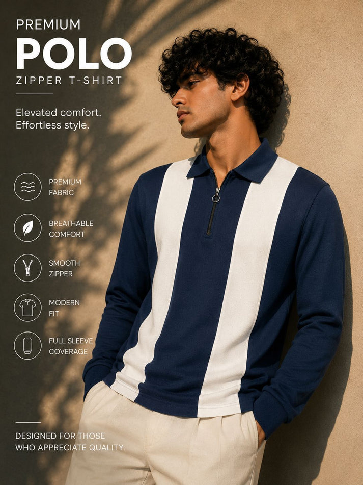 Greps Fabric Polo Korean Zipper Stripes T-Shirt