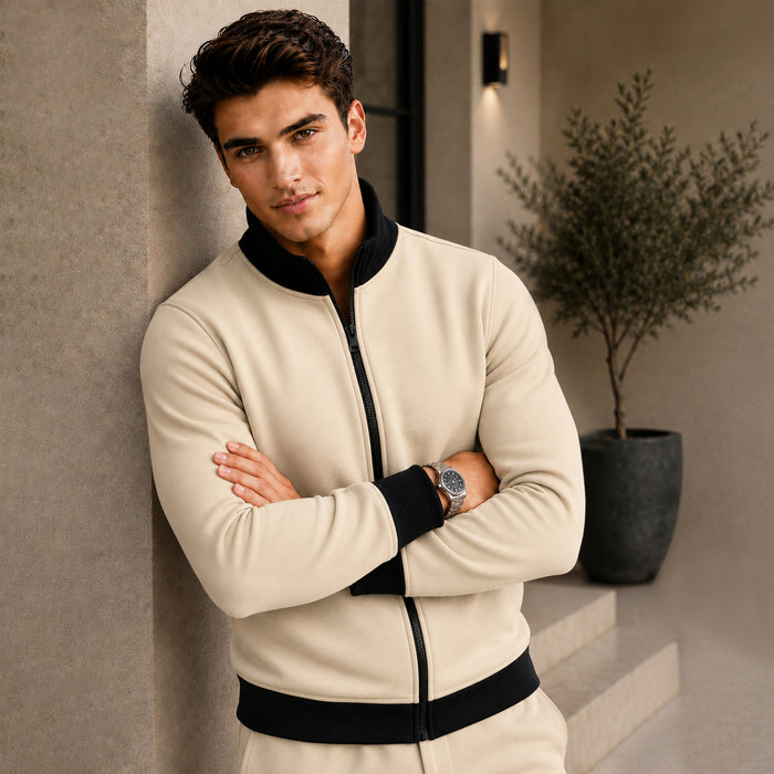 Men's Luxury Cream Athleisure Full-Zip Bomber Hoodies