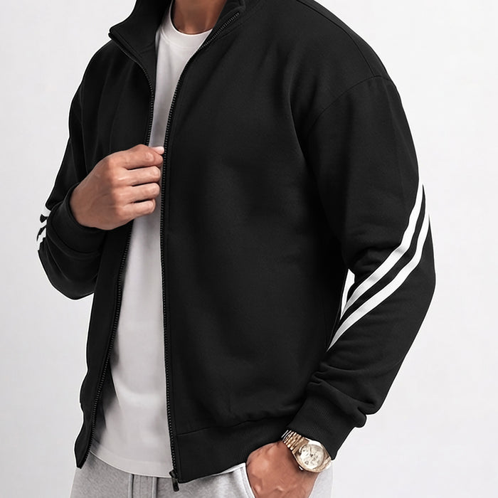 Men's Classic Athletic Black Track Jacket with Sleeve Stripes