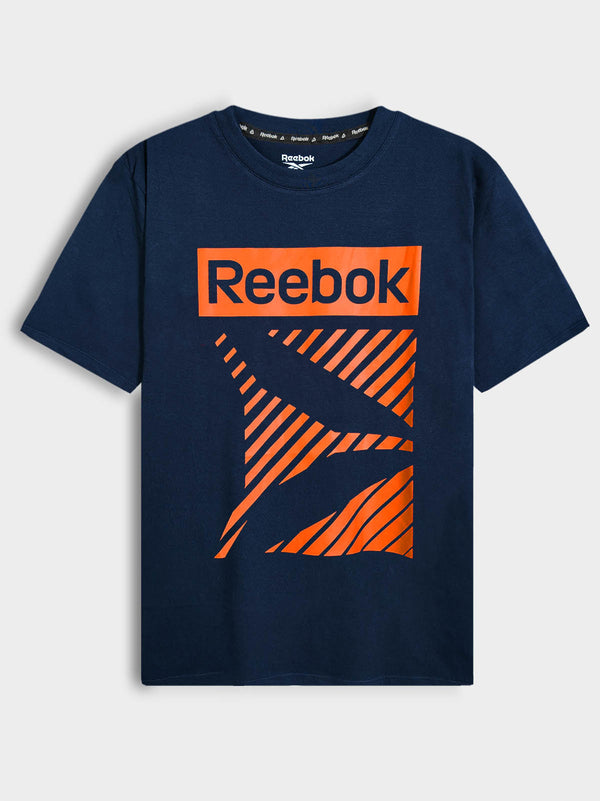 Reebok Men Navy Linear Orange Logo Graphic T-Shirt