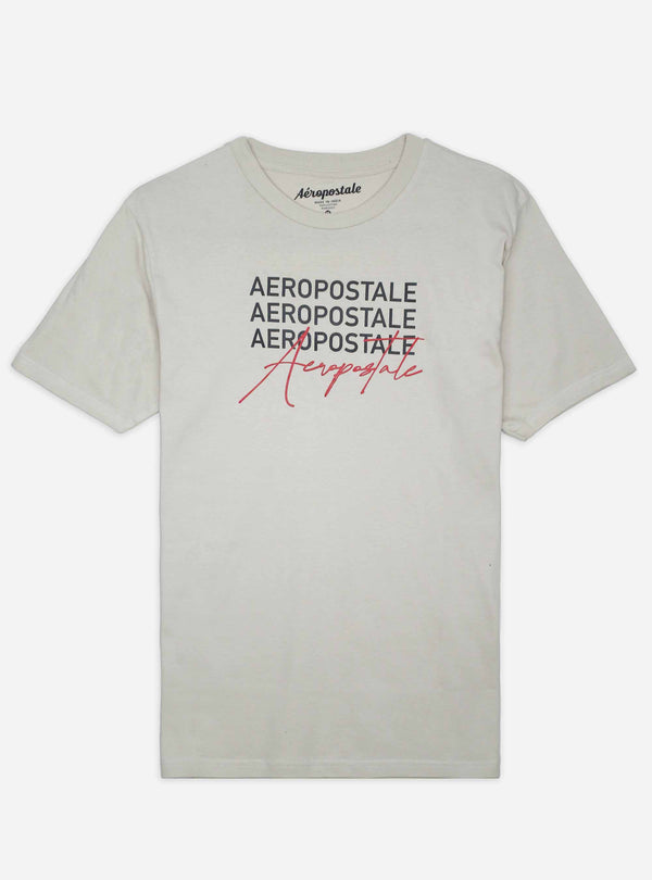 Aeropostale Men Off White Quad Script Logo T-Shirt