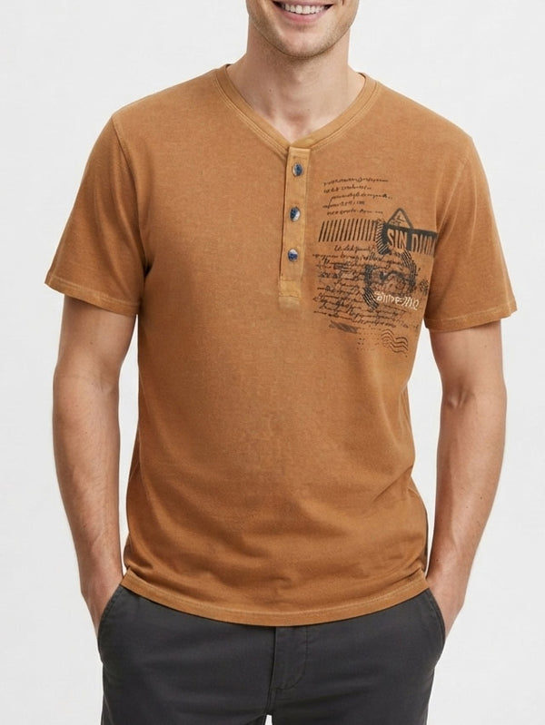 Tom Tailor Men Ochre Orange Distressed Henley T-Shirt