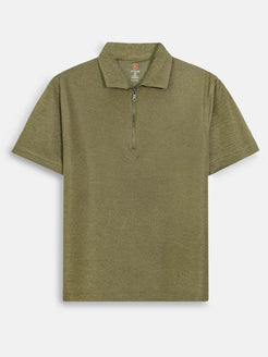 Premium Men Olive Green Quarter-Zip Crinkle Polo Shirt