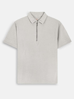 Premium Men Light Ash Grey Quarter-Zip Crinkle Polo Shirt
